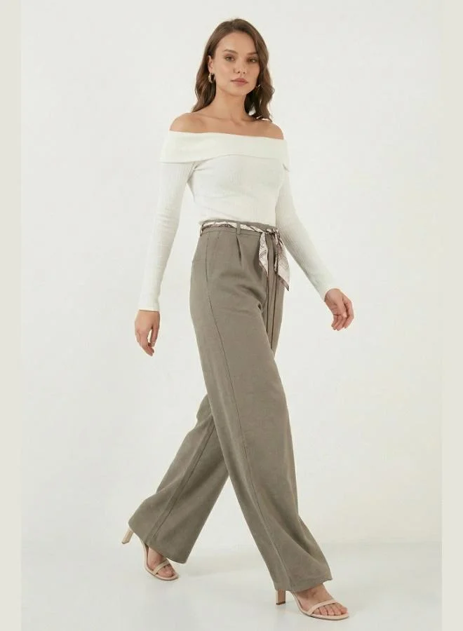 Lela Lela Regular Fit High Waist Straight Leg Trousers with Scarf Belt Women's Pants 6923860